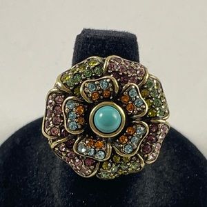 Turquoise Statement Crystal Flower Brass Ring